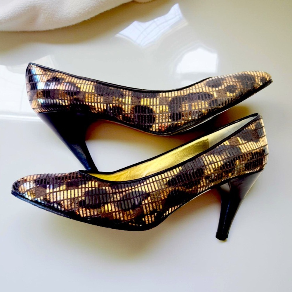 Charles Jourdan Black and Gold Patterned Heels